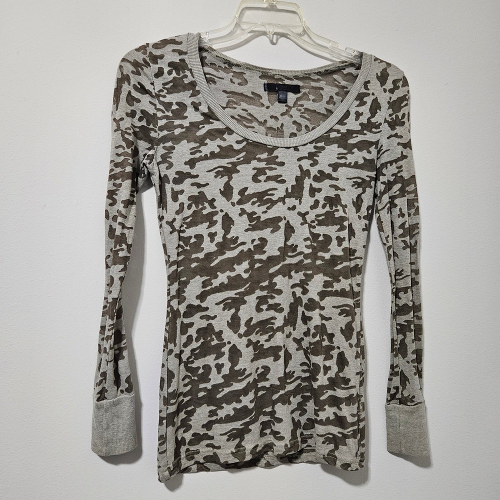 City Streets Womens Camo Burnout Long‎ Sleeve Scoop Neck Top Grey Green Medium